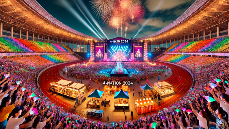 a-nation 2024の会場となる味の素スタジアムで、多くの観客が光るうちわを振りながら、夜のステージで演奏するアーティストを応援している様子